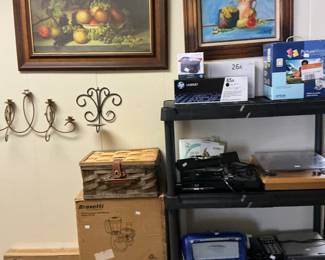 Wall art of fruits in a basket one is an original oil, DVD player still in the box 2 turntables, laminating machine, and cartridges