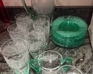 Vintage Etched Green Glass Pitcher and Tumbler Set with Plates