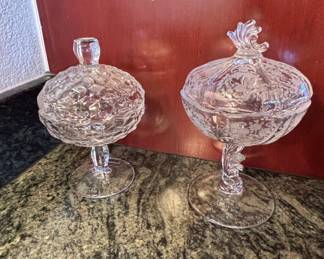 Pair of Fostoria Meadow Rose Etched Crystal Candy Dishes with Lids
