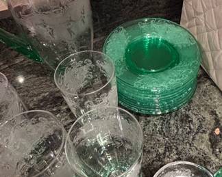 Vintage Etched Green Glass Pitcher and Tumbler Set with Plates