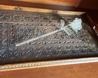 Antique Hand-Carved Wooden Tray with Glass Rose, possibly Indian Rosewood