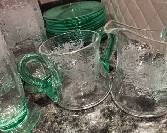 Vintage Etched Green Glass Pitcher and Tumbler Set with Plates