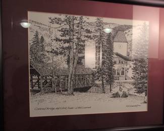 Framed Pen and Ink Drawing of Covered Bridge and Clock Tower in Vail, Colorado by C.C. O'Neill