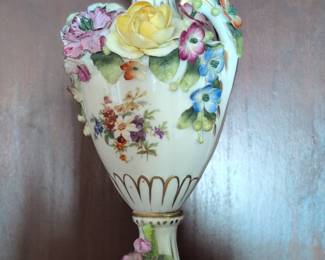 Porcelain Figural Vase with Floral Appliques, likely Carl Thieme Dresden