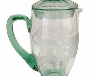 Vintage Etched Green Glass Pitcher and Tumbler Set with Plates