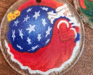 Peggy Karr Signed Fused Glass Ornament with Santa and American Flag Design