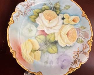 Hand-Painted Porcelain Plate with Yellow Roses and Gilt Rim, Limoges