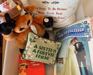 University of Texas "It's Hard to Be Humble" Pillow, "A Sister is a Forever Friend" Needlepoint Pillow, and "Perk-Up Calendar 1973"