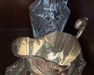 Waterford Crystal Lismore Gravy Boat with Underplate and Wine Glasses