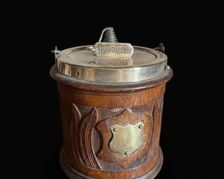 Antique Oak Biscuit Barrel with Silver-Plated Lid and Shield Plaque
