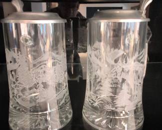 Pair of Etched Glass Beer Steins with Pewter Lids