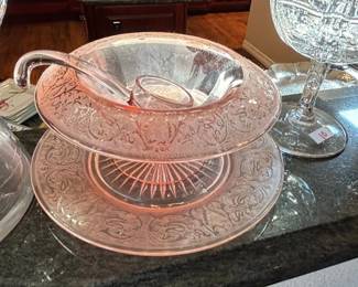 Pink Depression Glass Mayfair or Open Rose Punch Bowl Set with Ladle and Underplate
