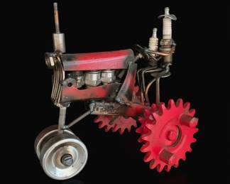 Repurposed Metal Art Tractor Sculpture and Assorted German Beer Steins