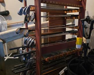 Golf clubs and club rack.
