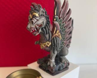 Singa Barong winged lion sculpture from Bali. Vintage cloisonné necklaces