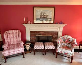 Upholstered wing chair and side arm chair upholstered in Ralph Lauren fabric excellent condition