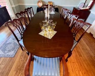 Dining table with 8 chairs excellent condition chairs have had seats rebuilt and reupholstered by Greg Mueller Upholstery, Thiensville WI table dimensions are:  44" wide x 72"long not extended.  Includes two leaves 12"  wide.  Table fully extended with both leaves in measures 96" long.  Set includes table pads and additional upholstery fabric