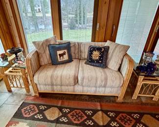 Rattan loveseat and end tables, quality glass top with beveled edge