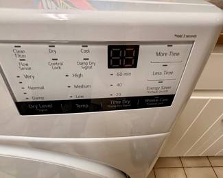 LG Ultra Large Capacity Gas Dryer, model&nbsp;DLG3401W.&nbsp; Key Specifications & Features 2 years new&nbsp; Type:&nbsp;Front-load gas dryer with a 7.4 cu. ft. capacity. Dimensions:&nbsp;Approximately 27" (W) x 39" (H) x 30 1/8" (D). Sensor Dry:&nbsp;Automatically adjusts drying time by detecting moisture levels to prevent over-drying. FlowSense™:&nbsp;Includes a built-in indicator that alerts you when it's time to clean your dryer ducts. SmartDiagnosis™:&nbsp;Allows for quick troubleshooting via the LG ThinQ app or over the phone. Cycles:&nbsp;Features 8 programs, including Normal, Heavy Duty, Bedding, and a 15-minute Speed Dry.&nbsp;