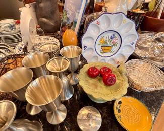 Pewter mugs, egg dish plate