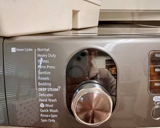 Samsung WF448AAP/XAA front-load clothes washer.  This model measures W) x 39" (H) x 32" (D). Electrical: 120V, 60Hz, 10A