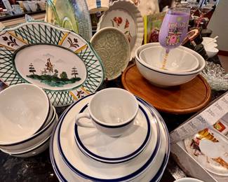 Williams Sonoma dishes "Brasserie Blue Band" dish set:  6 dinner plates, 3 salad plates, 4 bowls, 2 saucers and 2 cups