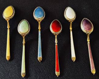 Set of six vintage sterling silver demitasse spoons featuring gold wash(gilt) and Guillioche' enamel stems:)