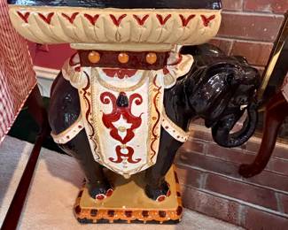 Vintage decorative glazed ceramic elephant garden stool, often used as a side table, plant stand or seat