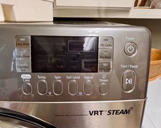 Samsung WF448AAP/XAA front-load clothes washer.  Dimensions: 27" (W) x 39" (H) x 32" (D). Electrical: 120V, 60Hz, 10A