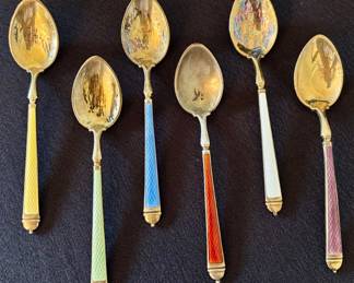Set of six vintage sterling silver  spoons featuring gold wash (gilt) guilloche' enamel stems