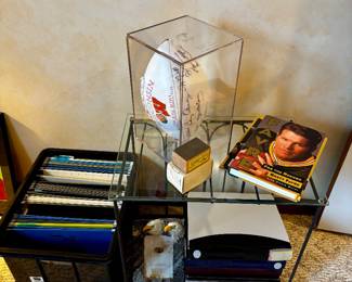 Glass table, office supplies