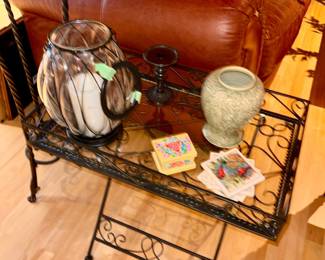 Glass tray table with metal filagree