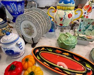 Glass veggies, Johnson Bros Fish plates and serving platter