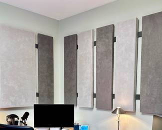 Acoustic wall panels from Acoustimac.  Panels have been removed and are available for purchase with hanging cleats.
