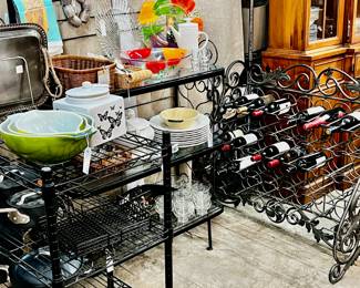 Assortment of items for the kitchen, large iron wine rack