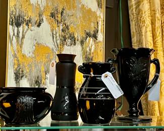 Black Vases, Assorted Glassware 