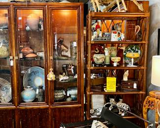 Bamboo China cabinet, Vintage Leather and Chrome Side Chair, Vintage Classroom Globe, Vintage Collectible Pottery, and More 