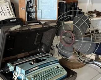 typewriter, Westinghouse fan, microscope