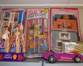 VINTAGE BARBIES, TOWNHOUSES, DOLL HOUSE, ETC 