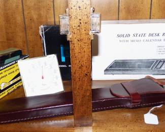 VINTAGE OFFICE ITEMS INCL. SLIDE RULE IN LEATHER CASE, DESKTOP RADIO NEW IN BOX