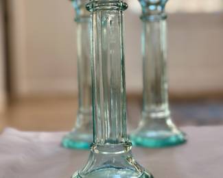 Anchor Hocking green depression glass candlesticks.