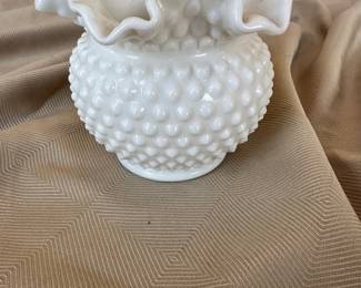 Fenton hobnail ruffled rim milk glass vase.