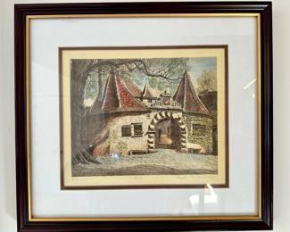 Etching of the castle gate at Rothenburg Tauber by German artist Ernst Geissendorfer.