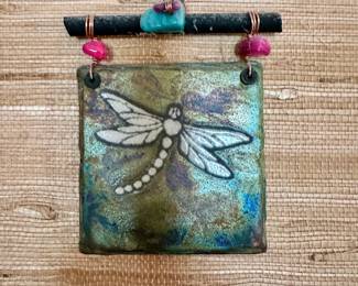 Raku dragonfly dreamcatcher art tile.