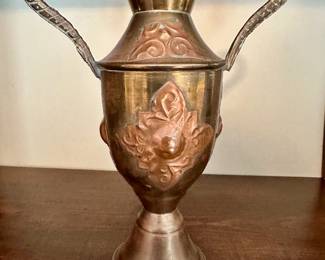 Hand hammered copper and brass amphora-style vase.