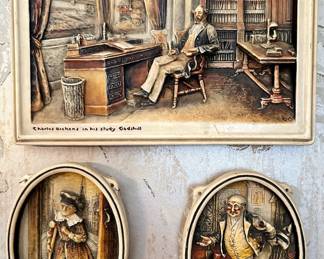 Vintage 3D ceramic Charles Dickens plaques produced by Osborne Company.