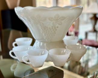 Anchor Hocking milk glass "Harvest Grape punch bowl set.  Includes punch bowl, stand and twelve cups.