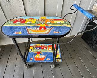 Two shelf serving cart with hand painted tiles by Nino Parrucca from Sicily.