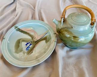 Japanese celadon tea pot and plate.