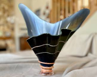 Asymmetrical black and orange accented Murano art glass vase.